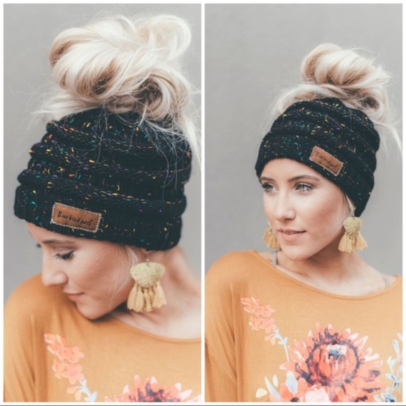 Three Bird Nest Accessories - Black Confetti Messy Bun Cable Knit Beanie
